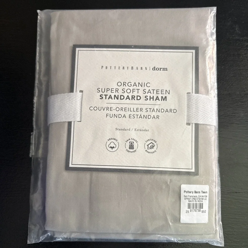 Pottery Barn Teen Dorm 100% Organic Cotton Super Soft Sateen Standard Sham Gray